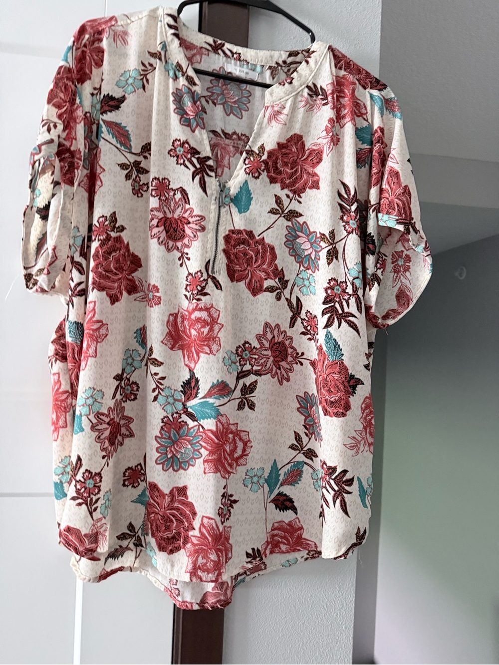Floral Women's Blouse - Cream with Red & Teal Floral Print with zipper front